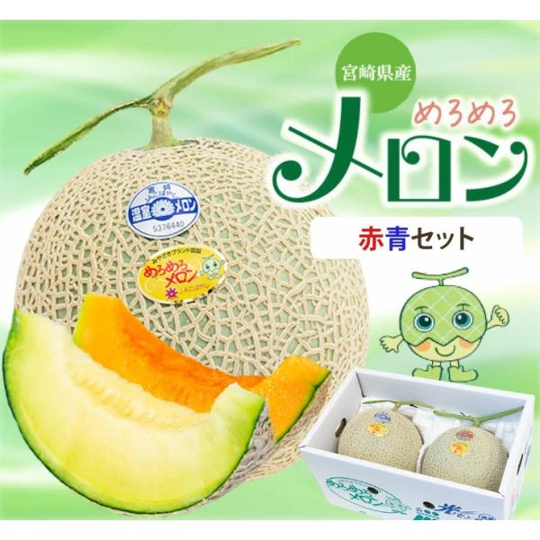 【2025年2月下旬以降順次発送】【宮崎県小林市産 めろめろメロン 赤青セット】爽やかな青肉と芳醇でまろやかな赤肉の贅沢なセット 温室栽培の香り高いメロン